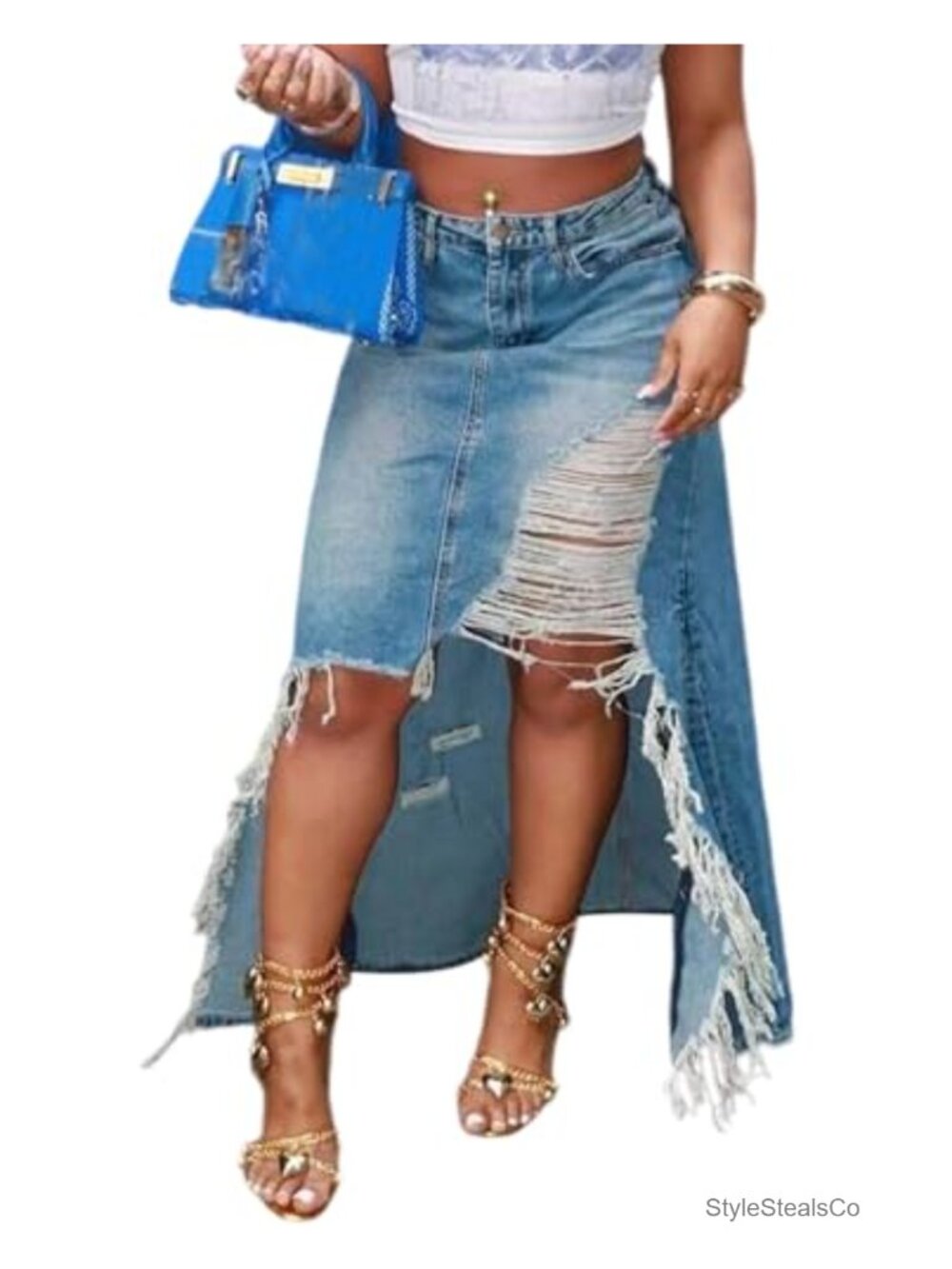 High Low Distressed Fringe Long Denim Maxi Skirt with Slit